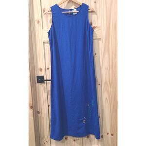 Cato Blue Linen Blend Midi Dress Fish Embroidery Coastal Grandma Beach Size 16